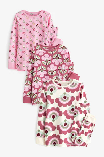 |Girl| Pacotes De 3 Pijamas Com Estampa Retrô - Rosa/Creme (9 meses a 12 anos)