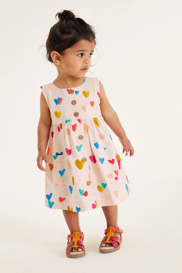 |BigGirl| Vestido De Algodão Com Botões Frontais - Pink/Cream Heart Print (3 meses a 8 anos)