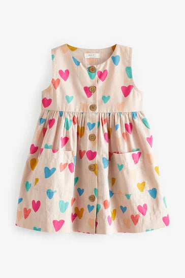 |BigGirl| Vestido De Algodão Com Botões Frontais - Pink/Cream Heart Print (3 meses a 8 anos)