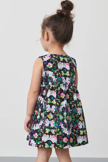 |BigGirl| Vestido De Algodão Com Botões Frontais - Black Floral (3 meses a 8 anos)
