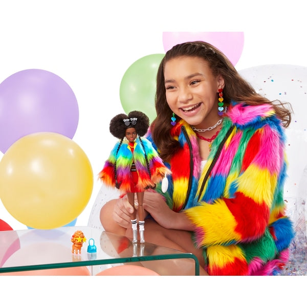 Muñeca Barbie Extra con abrigo arcoíris y cachorro