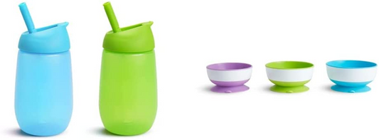 Munchkin Copo de canudo simples e limpo, 10oz/296ml, pacote com 2, azul/verde e tigelas de sucção com ventosa, pacote com 3, azul/verde/roxo
