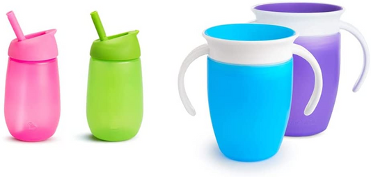 Munchkin Copo de canudo simples e limpo, 10oz/296ml, pacote com 2, copo verde/rosa e Miracle 360, copo com canudinho para bebês e crianças pequenas, canudinho ideal, copo para água e desmame de 6+ a 12 meses, 7 oz/207 ml, pacote com 2, rosa e Roxo