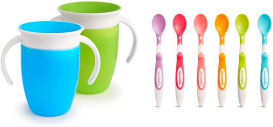 Munchkin Copo Miracle 360, copo para bebê e canudinho, canudinho ideal, copo para água e desmame de 6+ a 12 meses, 207 ml, embalagem com 2 colheres, verde e azul e colheres infantis com ponta macia, pacote com 6