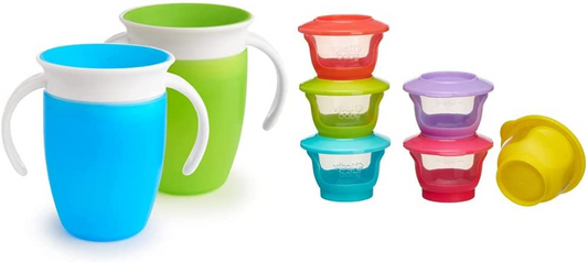 Munchkin Miracle 360 Cup, Baby and Sippy Cup, 7 onças/207 ml, pacote com 2, Green & Blue & Vital Baby Nourish Store & Wean Pots - Potes de armazenamento com bases e laterais macias - 6pk 2oz / 60ml