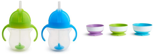 Munchkin Click Lock Tip and Sip Weighted Flexi Straw Cup, 7 onças/207 ml, azul/verde, pacote com 2 e tigelas de sucção Stay Put com ventosa, pacote com 3, azul/verde/roxo