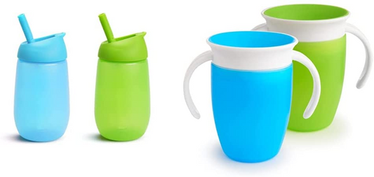 Munchkin Copo de canudo simples e limpo, 10 onças/296 ml, pacote com 2, copo azul/verde e Miracle 360, copo para bebês e canudinho, canudinho ideal, copo para água e desmame de 6+ a 12 meses, 7 onças/207 ml, pacote com 2, verde e azul