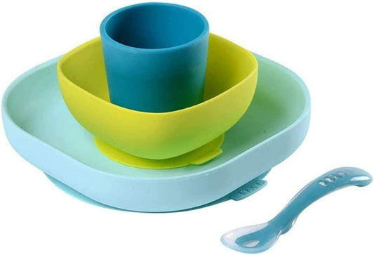 BEABA - Conjunto de Alimentação de Silicone - 4 Peças - Azul