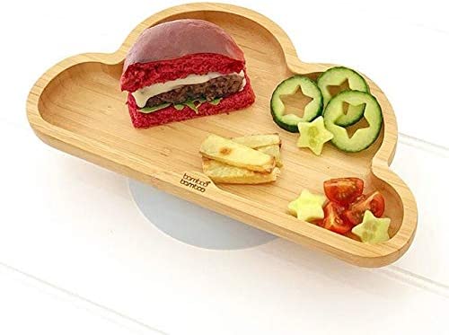 Bamboo Bamboo Tabla de Bambú para Bebés - Niños y Niños con Ventosa para Bebés | No tóxico | Fresco al tacto | Ideal para Baby-Led Weaning (nube, gris)