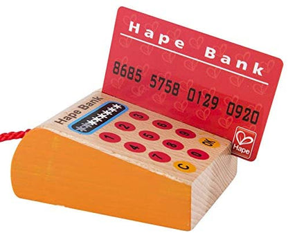 Hape - Caixa registradora de madeira - com dinheiro, leitor de código de barras e máquina de cartão