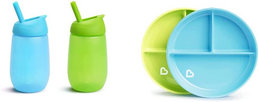 Munchkin Copo de canudo simples e limpo, 10 onças/296 ml, pacote com 2, azul/verde e pratos separados, azul/verde