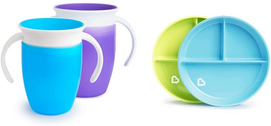 Munchkin Copo Miracle 360, copo para bebê e canudinho, canudinho ideal, copo para água e desmame de 6+ a 12 meses, 207 ml, azul e roxo, pacote com 2 e pratos separados para colocar, azul/verde