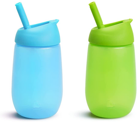Munchkin Vaso con pajita Simple Clean, 10 oz/296 ml, paquete de 2, azul/verde y tazones de succión con ventosa, paquete de 3, azul/verde/morado