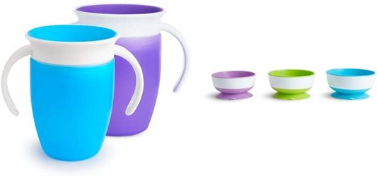Munchkin Copo Miracle 360, copo para bebê e canudinho, canudinho ideal, copo para água e desmame de 6+ a 12 meses, 207 ml, azul e roxo, pacote com 2 e tigelas de sucção para colocar, pacote com 3, azul/verde/roxo