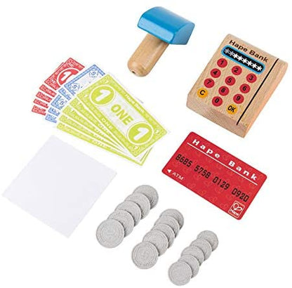 Hape - Caixa registradora de madeira - com dinheiro, leitor de código de barras e máquina de cartão