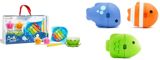 Conjunto de presente de brinquedo de banho musical Munchkin Bath Beats, 4 unidades (pacote de 1) e peixe de mistura de cores, brinquedo de banho que muda de cor
