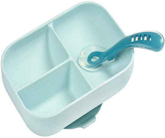 BÉABA - Set de Comida - Plato Dividido de Silicona con Ventosa + Cuchara de Silicona