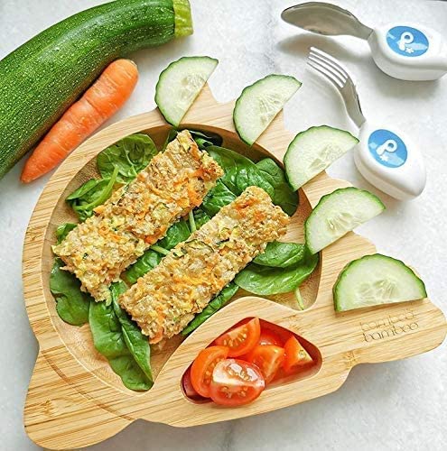 Bamboo Bamboo Tabla de Bambú para Bebés - Niños y Niños con Ventosa para Bebés | No tóxico | Fresco al tacto | Ideal para el destete dirigido por el bebé (Dino, verde)