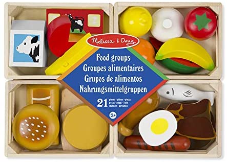 Melissa &amp; Doug Juego de simulación de grupos alimentarios, 21 piezas de madera pintadas a mano y 4 cajas