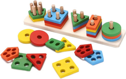 KanCai - Brinquedos Educativos de Madeira Bloco Placa Pilha Formas Geométricas - 1+