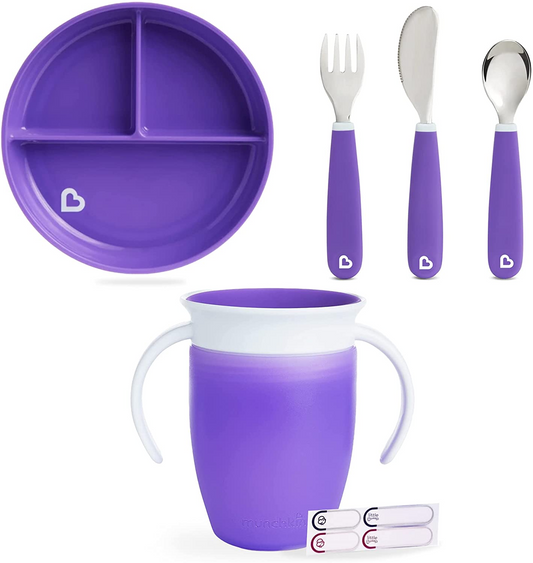 Munchkin Stay Put Purple Plate & Miracle Cup Purple 360 7oz & Munchkin Splash Talheres Set Purple *** Etiquetas à prova d'água incluídas para personalizar seu kit **