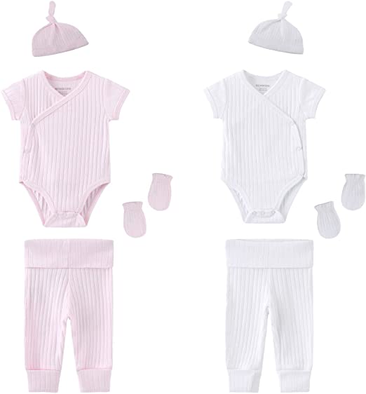 MAMIMAKA recém-nascido infantil Macacão, menino, menina, 100% algodão, manga curta, calças, bonés e luvas para arranhões de cor sólida