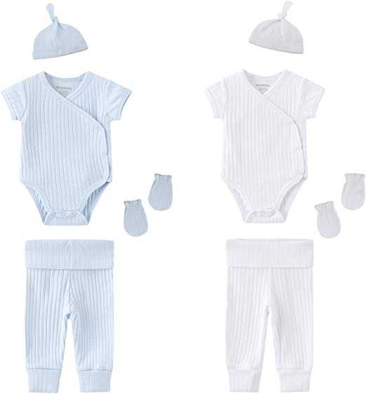 MAMIMAKA recém-nascido infantil Macacão , menino, menina, 100% algodão, manga curta, calças, bonés e luvas para arranhões de cor sólida