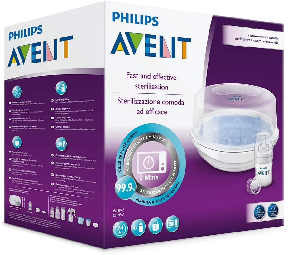 Philips Avent - Esterilizador a vapor para micro-ondas com 4 mamadeiras Philips Avent Classic +