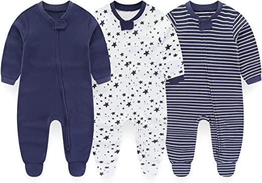 MAMIMAKA Pijamas de algodón para bebé recién nacido con juego de cremallera de 2 vías, gorros y guantes para rascar de 0 a 6 meses