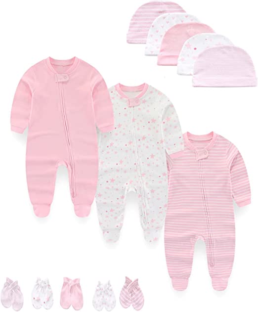 MAMIMAKA recém-nascidos de roupa de dormir para bebês Pijamas de algodão com Conjunto zíper de 2 vias, gorros e luvas para arranhar 0 a 6 meses