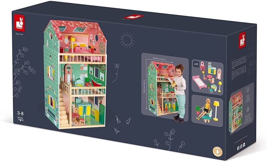 Janod - Happy Day de Madeira de Bonecas Casa - 3 Pisos e 12 Acessórios Inclusos - Brinquedo de Imitação - Desenvolva a Imaginação - a partir de 3 Anos, J06580