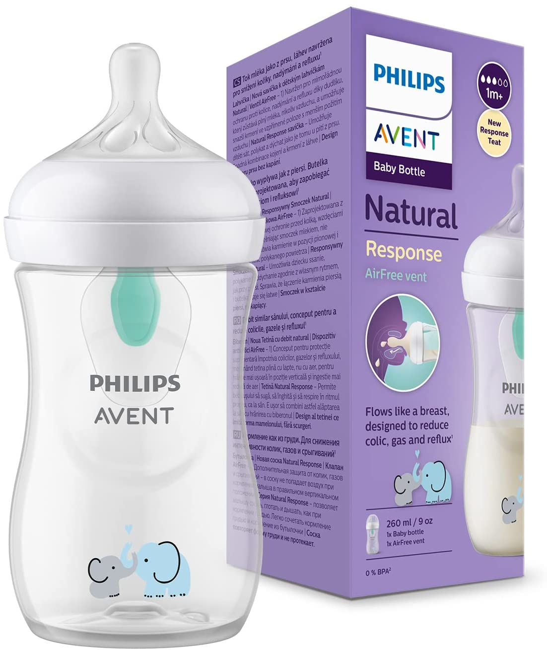 Philips Avent natural de resposta Mamadeira - mamadeira de 260 ml para leite com ventilação AirFree, sem BPA para bebês recém-nascidos com mais de 1 mês, padrão de elefante (modelo SCY673/81)