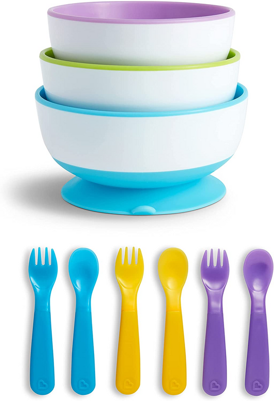 Munchkin Recipiente para armazenamento de alimentos 4 x tigelas para bebês com tampas + 2 colheres de desmame