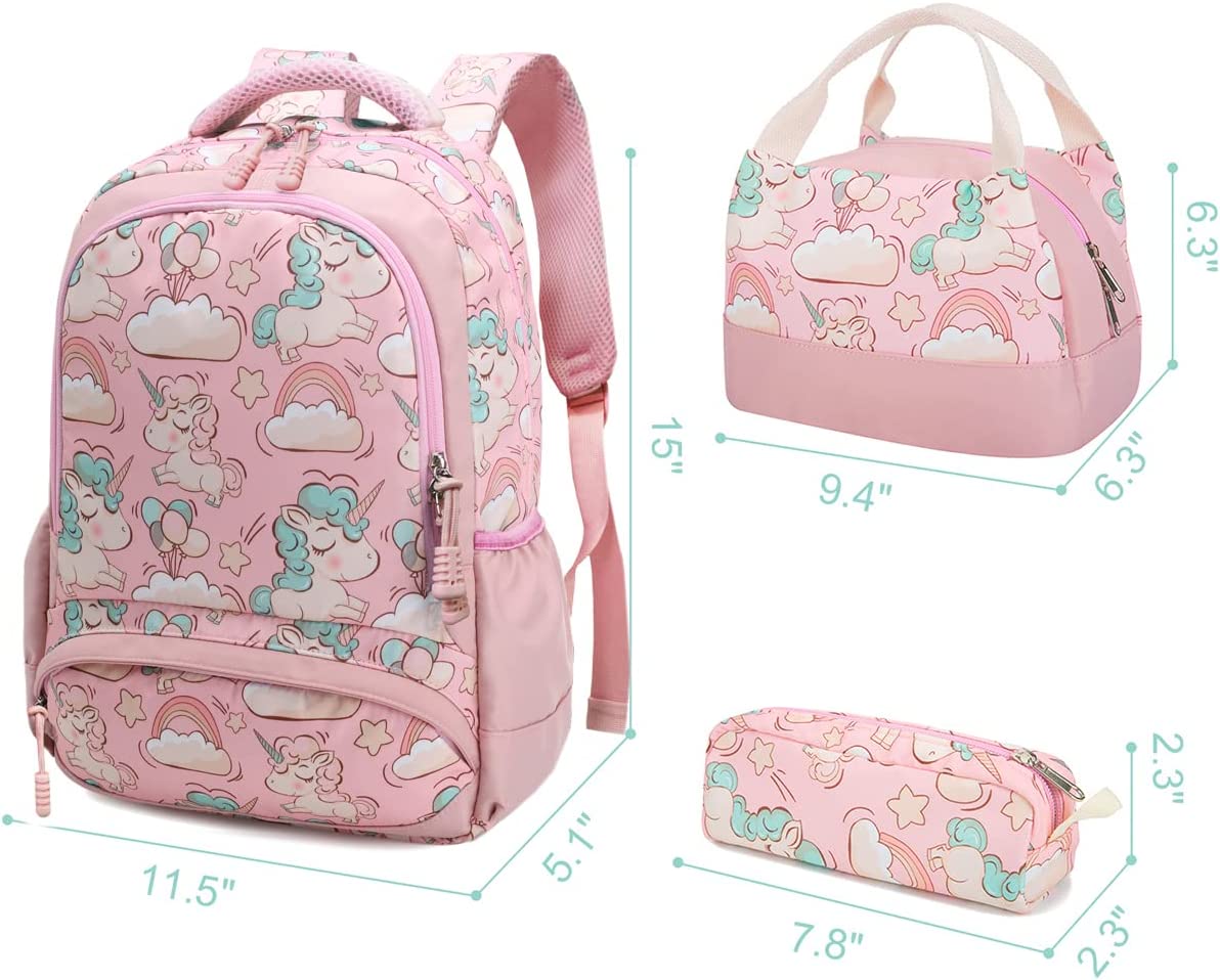 Melsohua - Set Mochila con Lonchera y Estuche - Unicornio - Rosa 