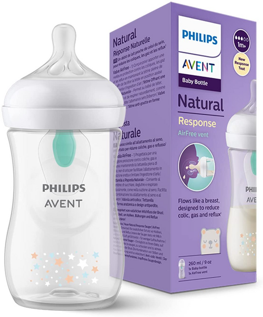 Philips Avent natural Mamadeira de resposta - mamadeira de 260 ml para leite com ventilação AirFree, sem BPA para bebês recém-nascidos com mais de 1 mês, padrão de urso (modelo SCY673/82)