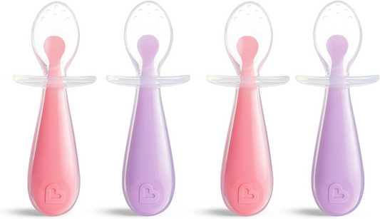 Munchkin de silicone de treinamento Colheres com protetor de estrangulamento para desmame guiado pelo bebê, 4 unidades (pacote com 1), rosa/roxo
