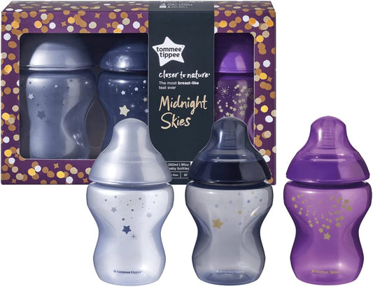 Tommee Tippee y Nuby - Biberón anticólicos - 260 ml con Chupetes de Ortodoncia - Kit 5 piezas - 0-6 meses - Midnight Skies 
