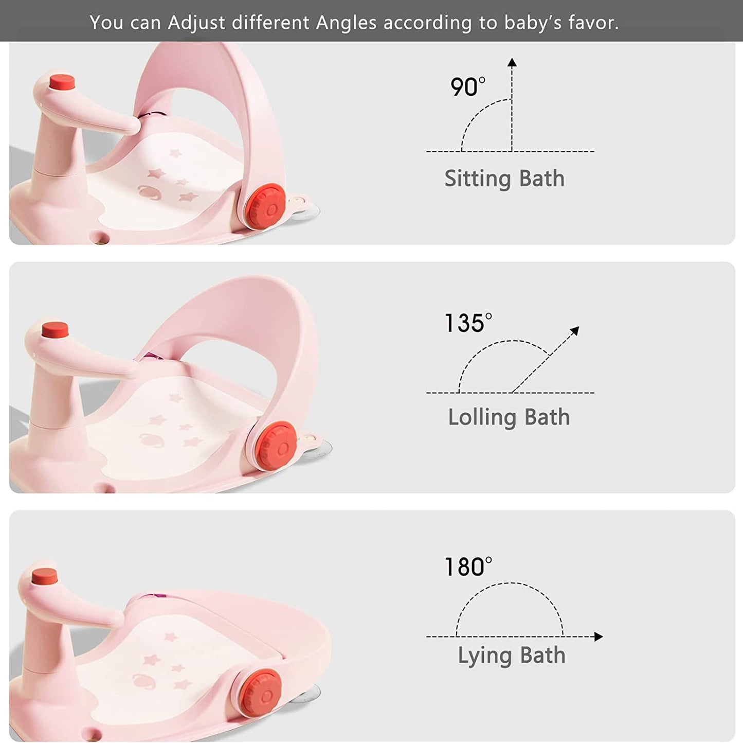 Bebamour - Assento de Banho com Base de Ventosa Reclinável de 3 Posições - (6-18 meses) - Rosa