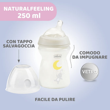 Chicco -  Mamadeira Vidro Anti-Cólica Natural  Feeling Silicone 250ml / Cor Neutra - (0 Meses+)
