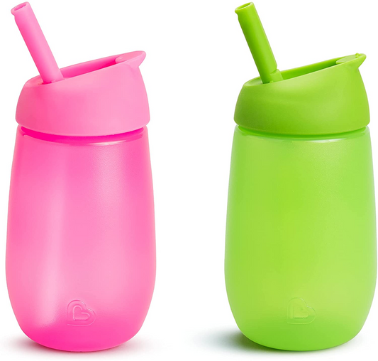 Munchkin Vaso con pajita Simple &amp; Clean, 10 oz/296 ml, paquete de 2, verde/rosa y placas de succión divididas para colocación, rosa/morado