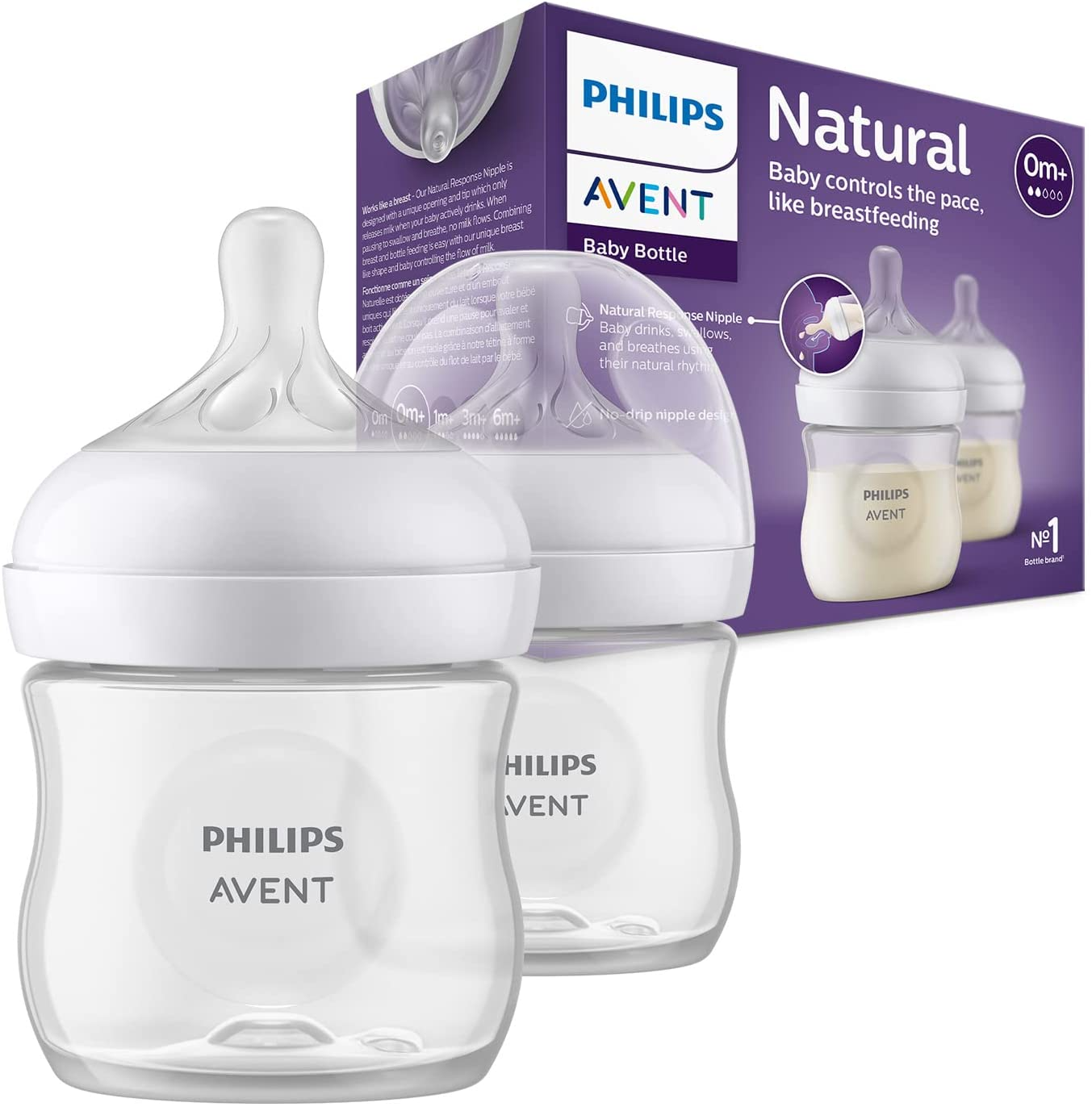 Philips Avent Natural Response Mamadeira - 2 mamadeiras de 125 ml para recém-nascidos e acima, livre de BPA, 0+ meses (modelo SCY900/02)