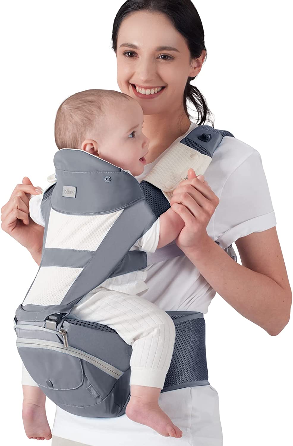 Bebamour - Canguru de Transporte de Bebê - 3 babadores - Dobrável - Air Dreamy Grey