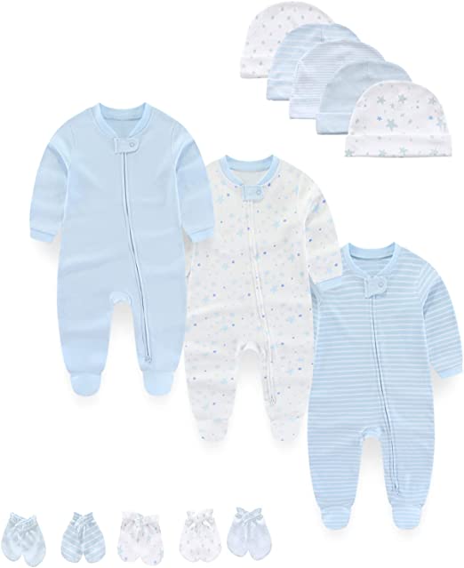 MAMIMAKA recém-nascidos de roupa de dormir para bebês Pijamas de algodão com Conjunto zíper de 2 vias, gorros e luvas para arranhar 0 a 6 meses