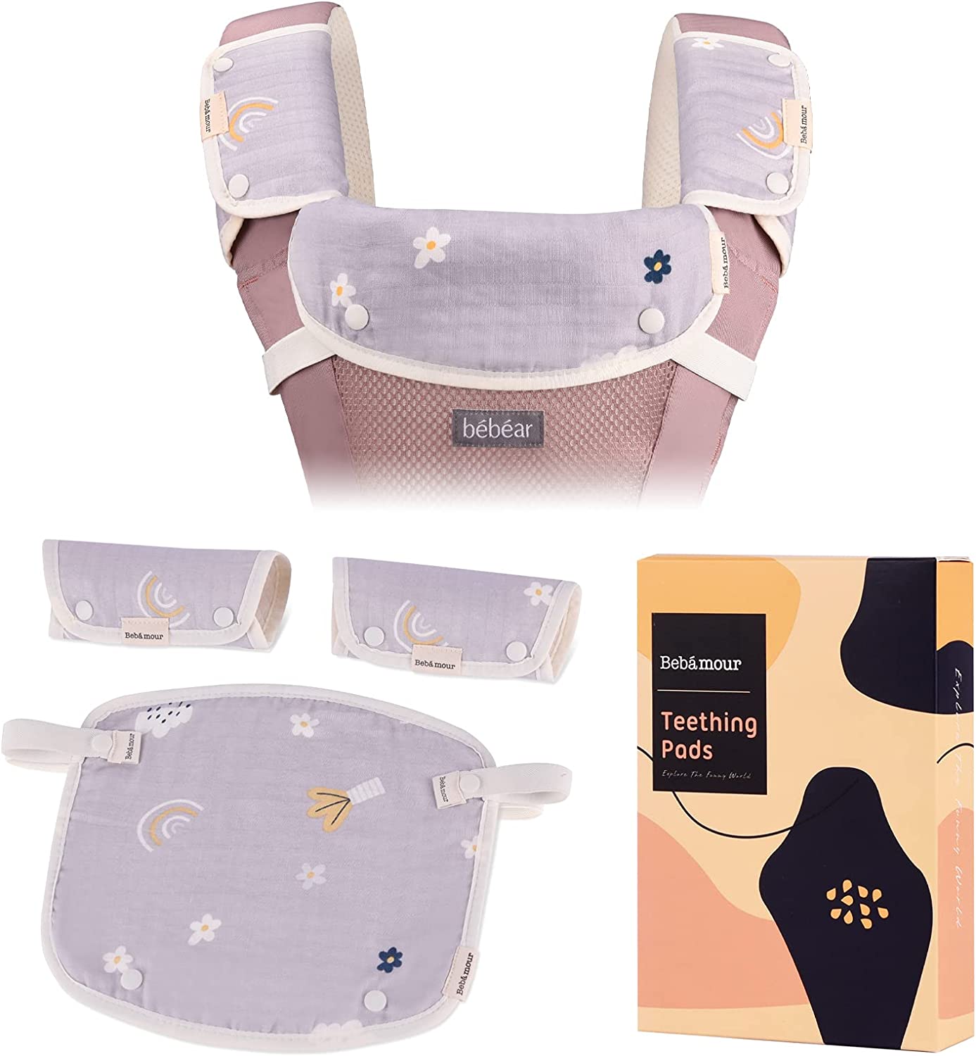 Bebamour - Almofadas de Dentição 3 peças - Flores Cinza