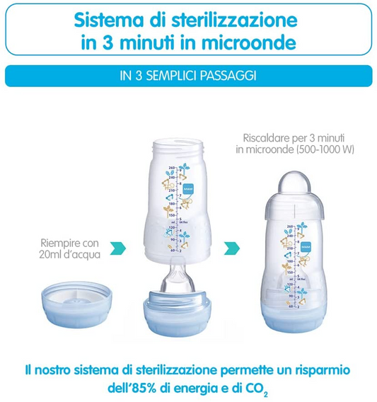MAM Easy Start Anticólico Starter Set 0+ Meses, Juego de 2 biberones MAM Easy Start 130ml y 260ml con Chupete MAM Start Nanò 0-2meses, Azul