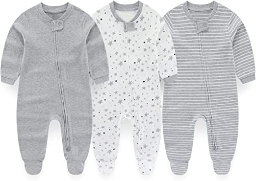 MAMIMAKA Pijamas de algodón para bebé recién nacido con juego de cremallera de 2 vías, gorros y guantes para rascar de 0 a 6 meses