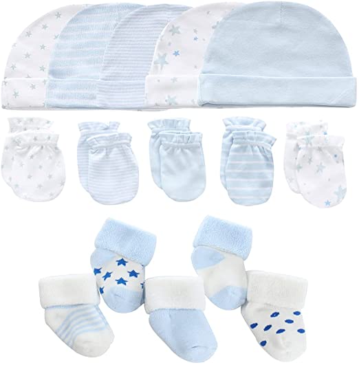 MAMIMAKA Ropa para bebé recién nacido, conjunto de guantes y calcetines de algodón, calcetines gruesos y cálidos para bebé, gorros para rascar, guantes para 0-6 meses