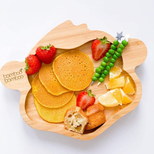 Bamboo Bamboo Tabla de Bambú para Bebés - Niños y Niños con Ventosa para Bebés | No tóxico | Fresco al tacto | Ideal para el destete dirigido por el bebé (mono, azul)