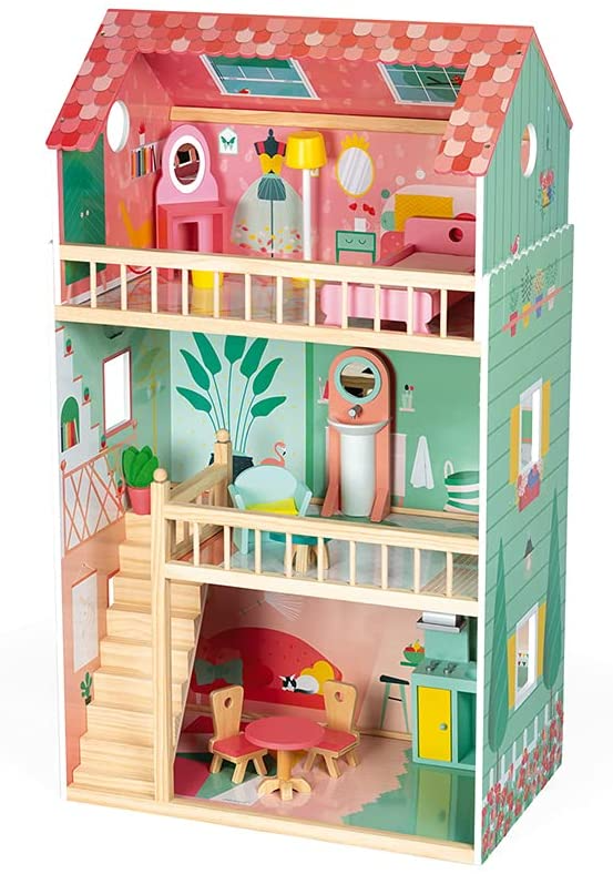 Janod - Happy Day de Madeira de Bonecas Casa - 3 Pisos e 12 Acessórios Inclusos - Brinquedo de Imitação - Desenvolva a Imaginação - a partir de 3 Anos, J06580