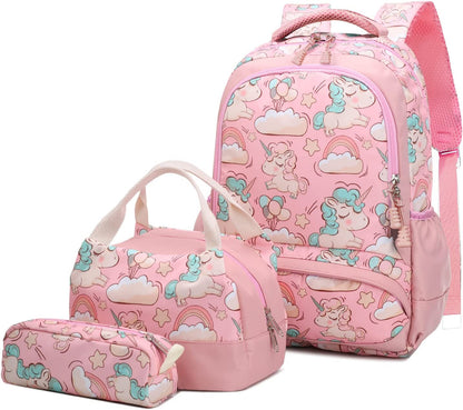 Melsohua - Set Mochila con Lonchera y Estuche - Unicornio - Rosa 